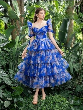 Royal Blue Floral Tiered Midi Dress with Puff Sleeves